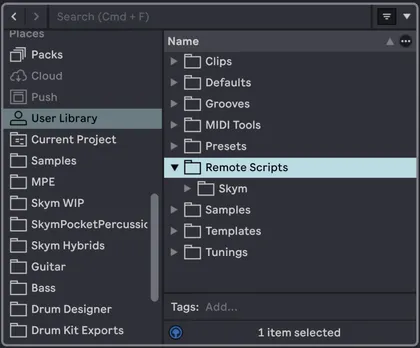 Skym folder inside Remote Scripts in the Ableton User Library